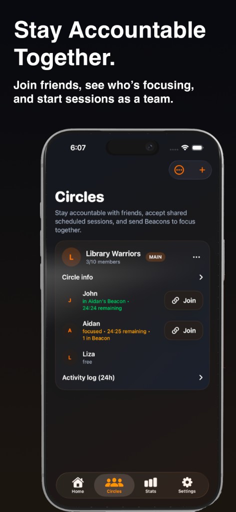 Beacon Circles screen showing friends focusing together