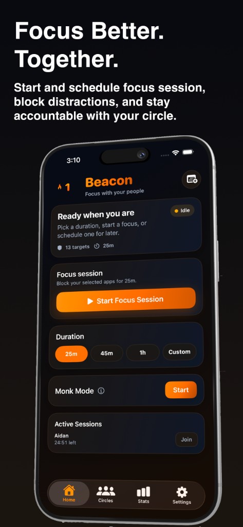 Beacon Home screen for starting and scheduling focus sessions